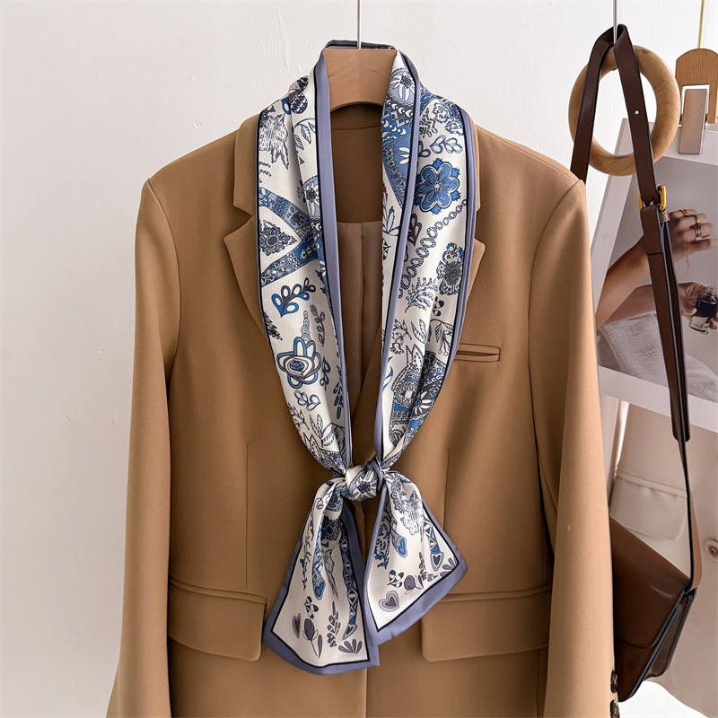 Face Scarf Mask - 45色展開、シルクのような肌触りのプリントデザインスカーフショール、ファッショナブルで高級感のある細長いシルクスカーフ、レディースヘッドバンド、チョーカー、ストリーマー
