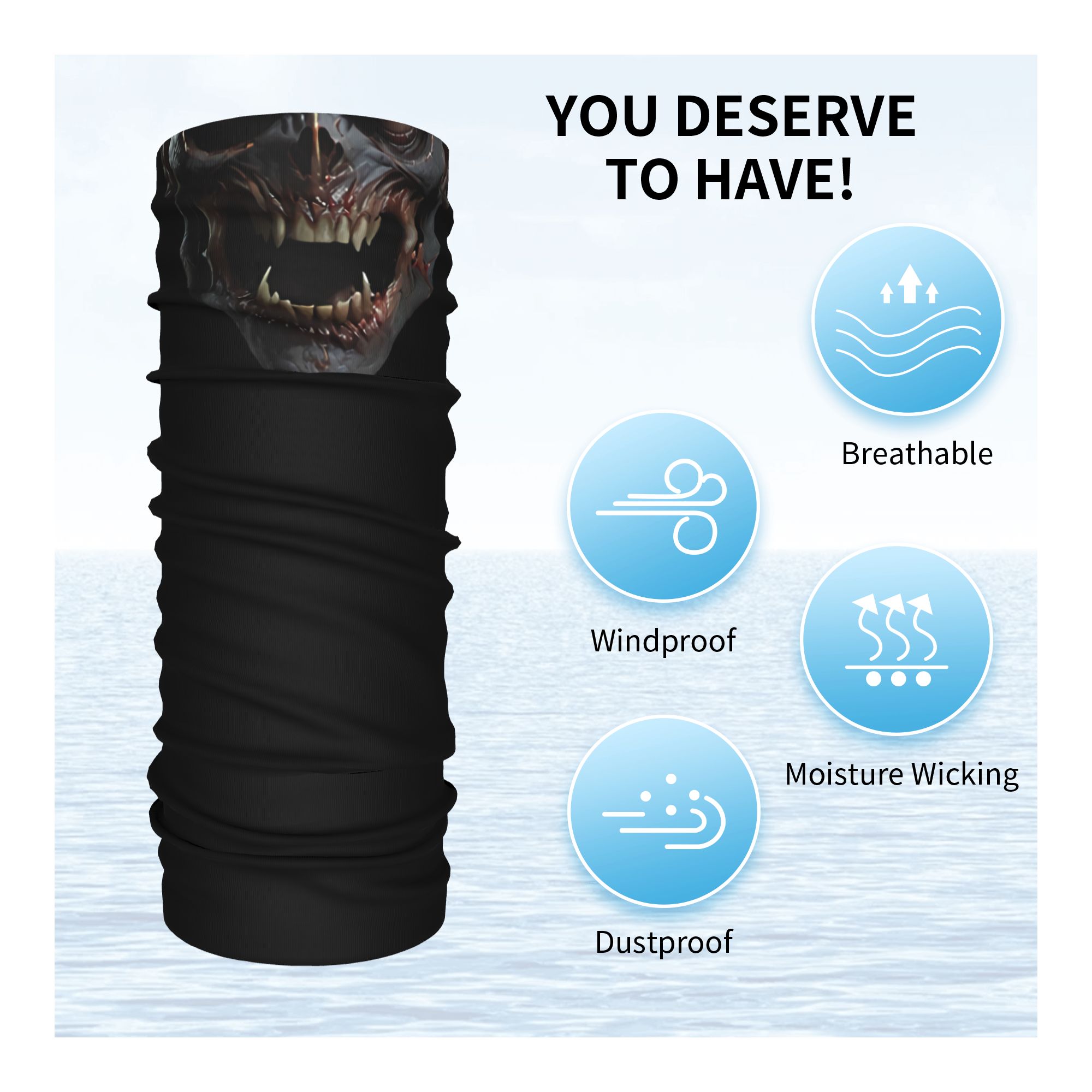 鋭い歯と尖った耳を持つ悪魔の頭蓋骨柄バンダナネックウォーマー - Neck Warmer Tube のレビューと価格